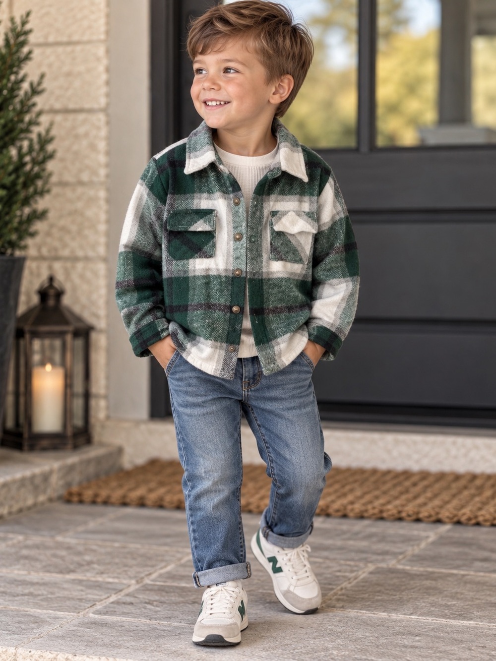 Boys Green Plaid Button-Front Shirt Jacket